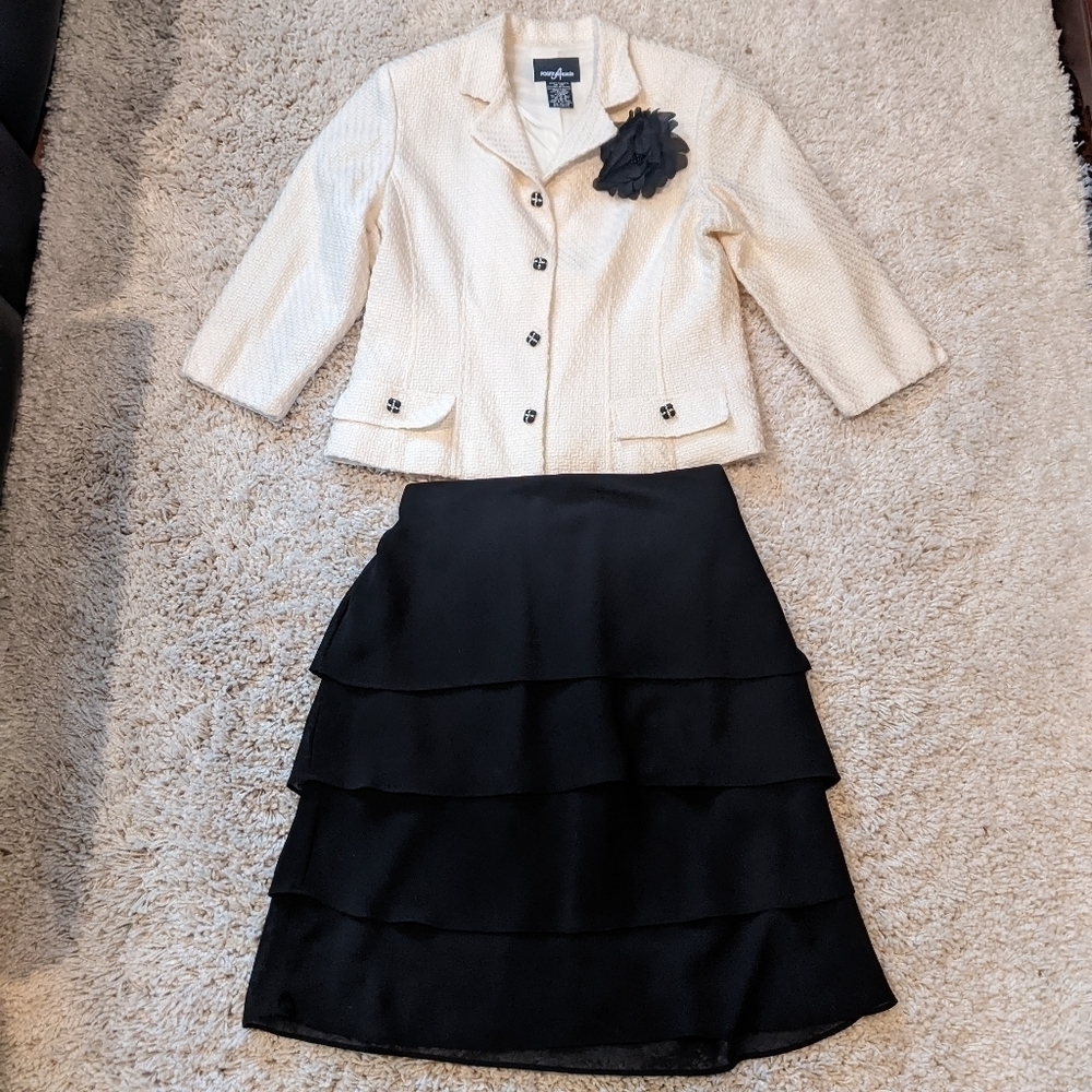 Positive Attitude Suit Skirt and Jacket Cream and Black Tiered Skirt 10 Petite